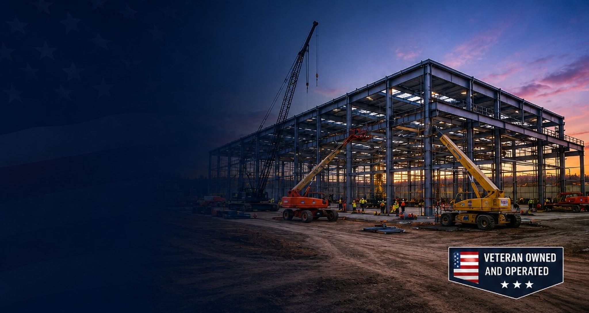 Industrial construction site with steel frame, cranes, and workers at sunset