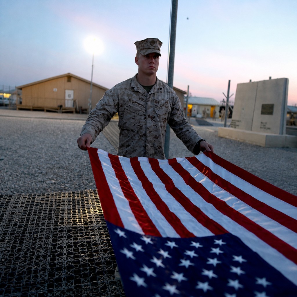 Brett Taylor Koch, U.S. Marine, holding the American flag